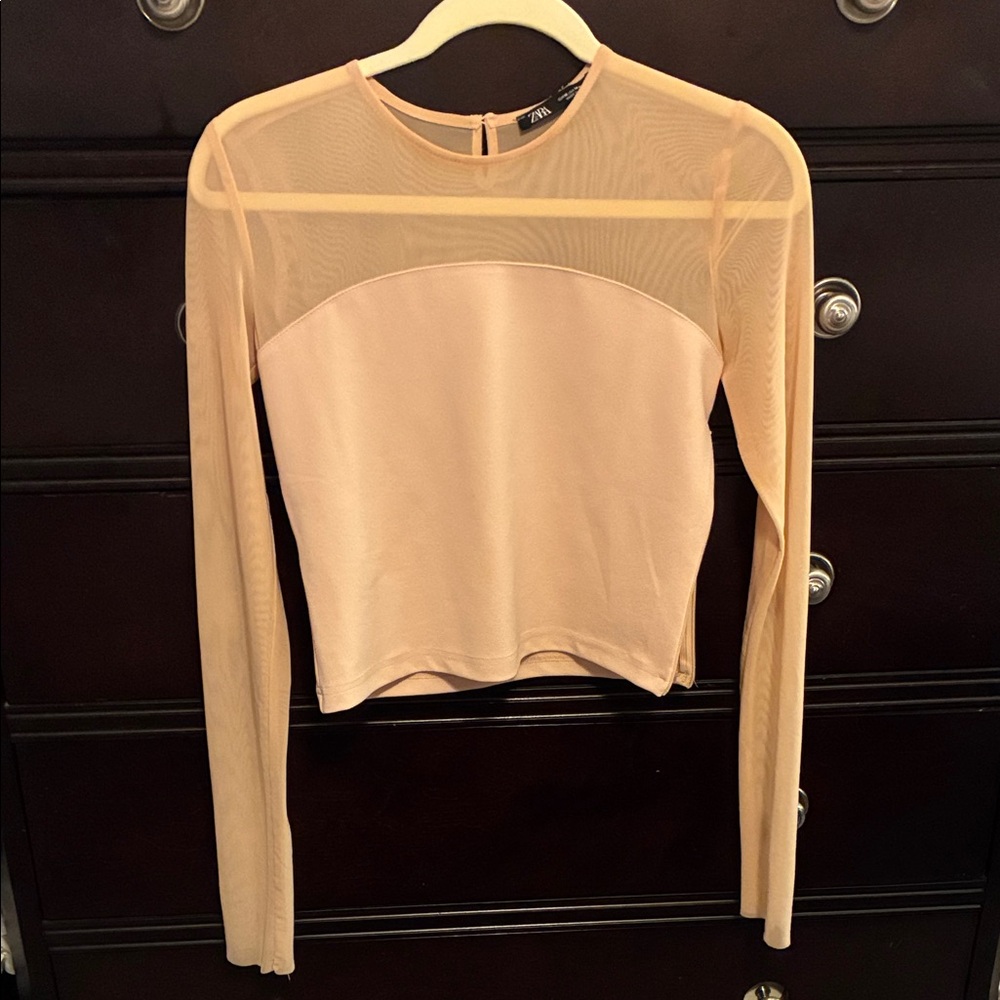 Zara Women's tan Sheer Long Sleeve Blouse
